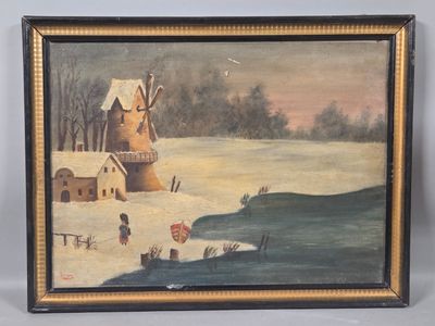 an oil painting of a house in the snow with a windmill in the background
