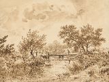 dessin représentant un paysage avec un pont et des arbres au premier plan