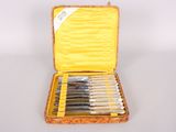 six knives in a yellow case on a white surface