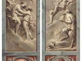 a pair of paintings of angels and demons on a wall