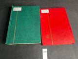 two red and green books sitting next to each other on a table