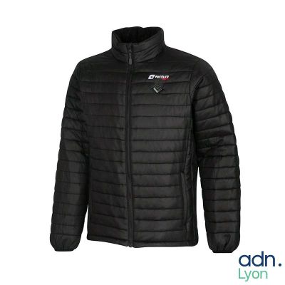 a black jacket with a white logo on the chest