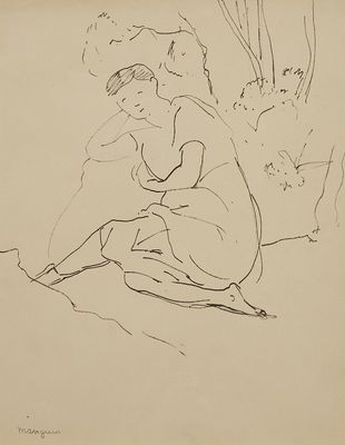 dessin représentant une femme assise par terre à côté d'un chat