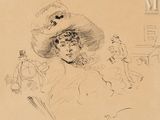 dessin représentant une femme coiffée d'un grand chapeau, avec d'autres personnes en arrière-plan