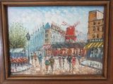 tableau représentant une scène de rue avec un moulin à vent en arrière-plan