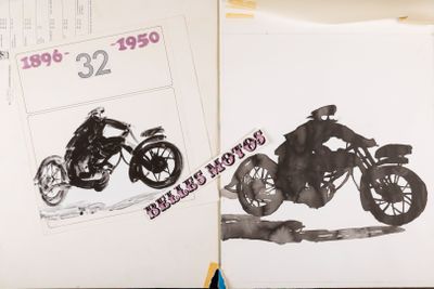 two pictures of a motorcycle on the pages of a book