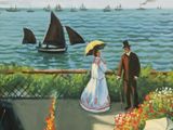 a painting of a man and a woman standing on a balcony