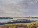 watercolor painting of a view of a lake and a field with yellow flowers