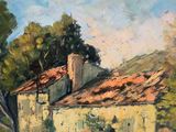 an oil painting of a house on the side of a dirt road