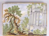 an image of a painting on a wall of a building with a tree in the foreground and a man and a dog in the foreground