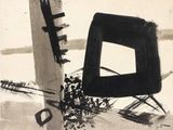 a black and white drawing of a chair and a table