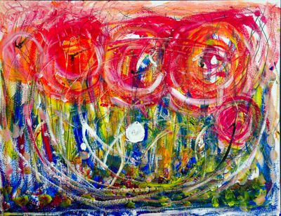 abstract painting of red and blue flowers on a white background