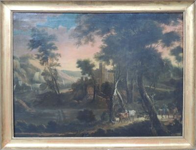 une peinture à l'huile représentant un paysage boisé avec un château au loin