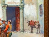 painting of a group of men standing in front of a building with a horse