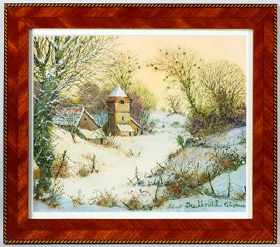 une peinture représentant un paysage enneigé avec une maison en arrière-plan