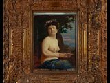 painting of a naked woman sitting in a chair with a tree in the background