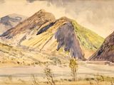 aquarelle représentant un paysage de montagne avec une rivière au premier plan