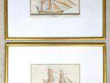 two framed pictures of a ship and a boat on a wall