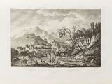 un vieux dessin représentant un paysage de montagne avec un château au loin