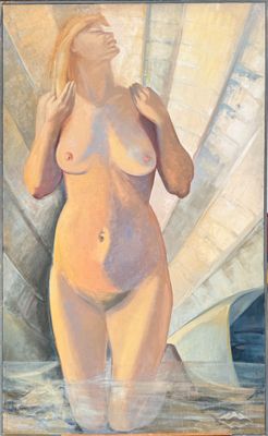 un tableau représentant une femme nue debout dans l'eau