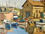 tableau représentant des bateaux dans un port, avec un bâtiment en arrière-plan