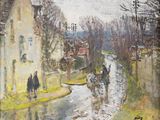 a painting of a horse drawn carriage going down a road