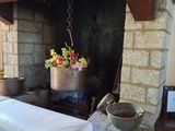 une cheminée sur laquelle est posé un pot de fleurs