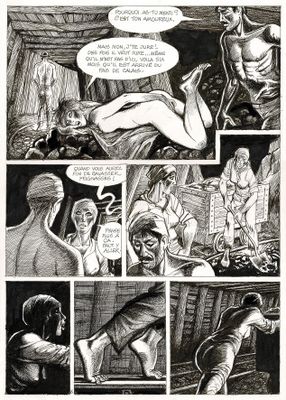 une page en noir et blanc d'une bande dessinée, avec une bande dessinée en arrière-plan