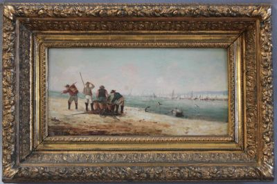 an oil painting of a group of men on a beach with a boat in the background