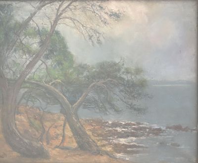 a picture of a painting of a tree by the water
