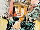 drawing of a woman wearing a helmet and jacket in a field