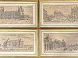 quatre dessins encadrés représentant un bâtiment avec une tour horloge et une tour horloge