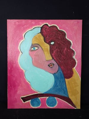 peinture représentant le visage d'une femme sur fond rose