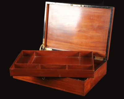 a wooden box that has two compartments inside of it
