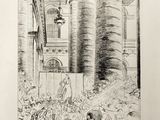 an old drawing of a crowd of people in a building