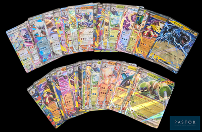 several pokemon cards are stacked on top of each other on a black background