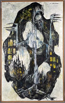 an image of a painting of a woman in a city with buildings