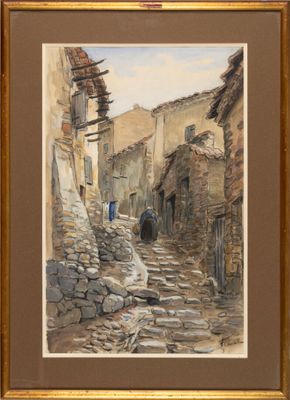 an oil painting of a street scene with a person walking down the street