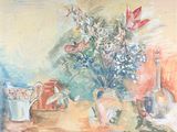 un tableau représentant des vases et des fleurs posés sur une table