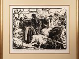 a black and white drawing of a group of people in a market