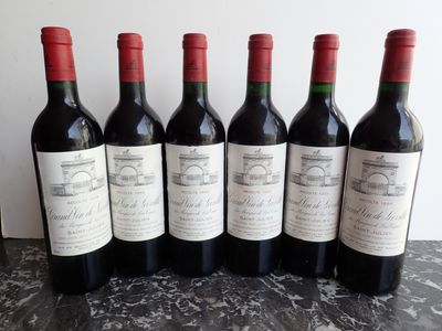 six bottles of wine are lined up on a table