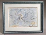 tableau représentant un oiseau volant dans le ciel sur fond bleu