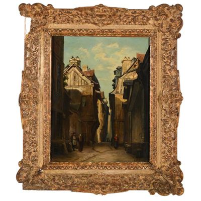 une peinture à l'huile représentant une scène de rue avec un homme marchant dans la rue