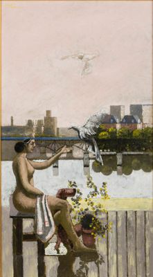 a painting of two people sitting on a fence