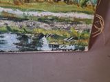 a picture of a painting of a river and a field