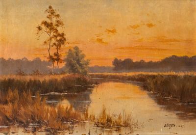 an oil painting of a sunset over a river with a tree in the foreground