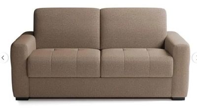 the couch is made of fabric and has a wooden frame