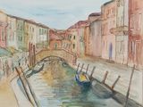 une aquarelle représentant un canal avec un pont en arrière-plan