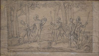 dessin représentant un groupe d'hommes armés de lances dans une zone boisée