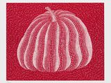 a red and white drawing of a pumpkin on a red background